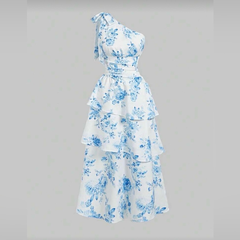 SHEIN Blue Floral One-Shoulder Dress